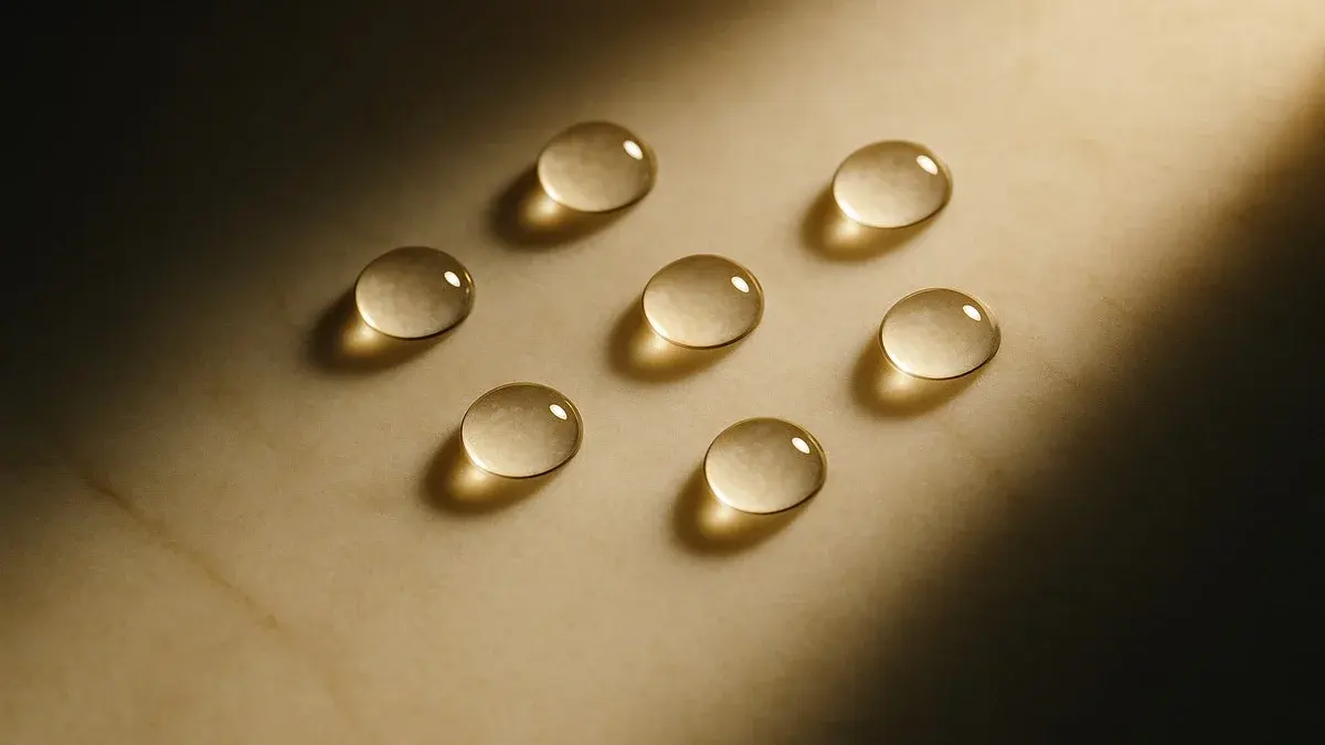 Droplets of clear hyaluronic gel placed on pale cream stone under raking gold light