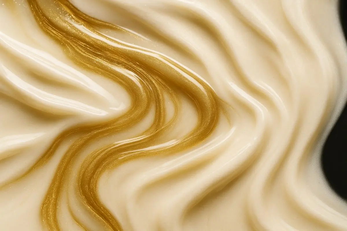 Champagne gold serum swirling through pale cream, an abstract image used to illustrate skin remodelling treatment at Luxe Skin Glasgow