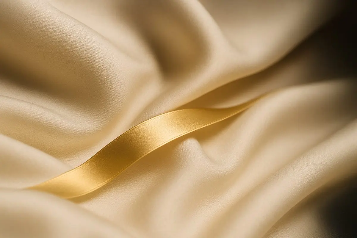 Cream silk fabric crossed by a single gold ribbon of light, an abstract image representing smooth skin texture at Luxe Skin Glasgow