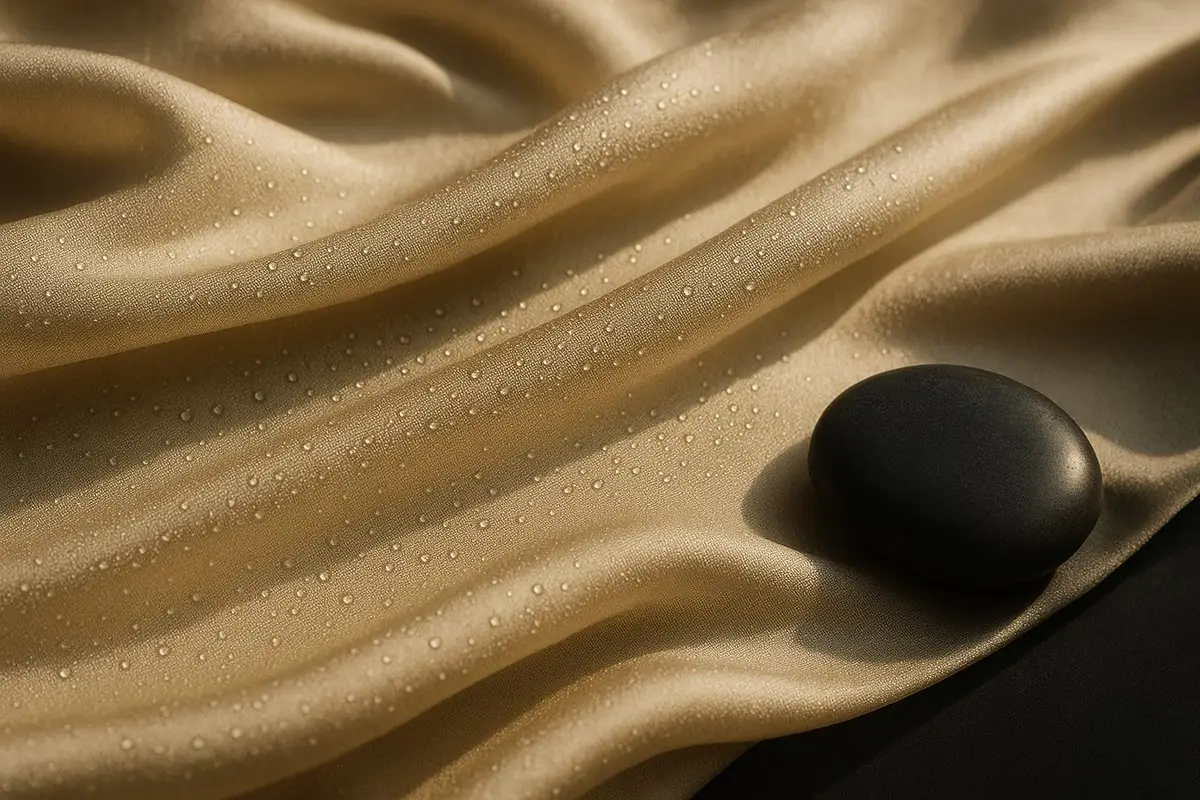 Champagne gold silk with fine water droplets and a smooth black stone, Luxe Skin aesthetic membership editorial