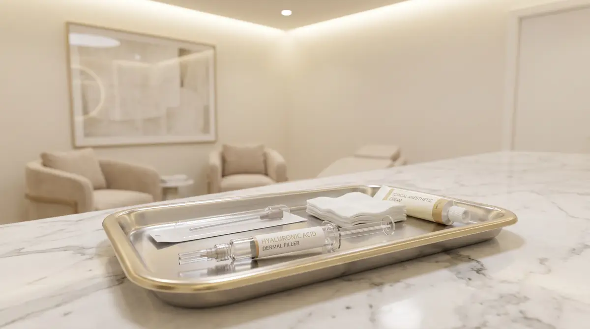 Hyaluronic acid dermal filler syringe and cannula on sterile tray in luxury clinic