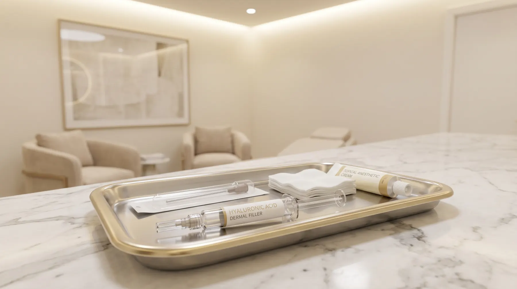 Hyaluronic acid dermal filler syringe and cannula on sterile tray in luxury clinic