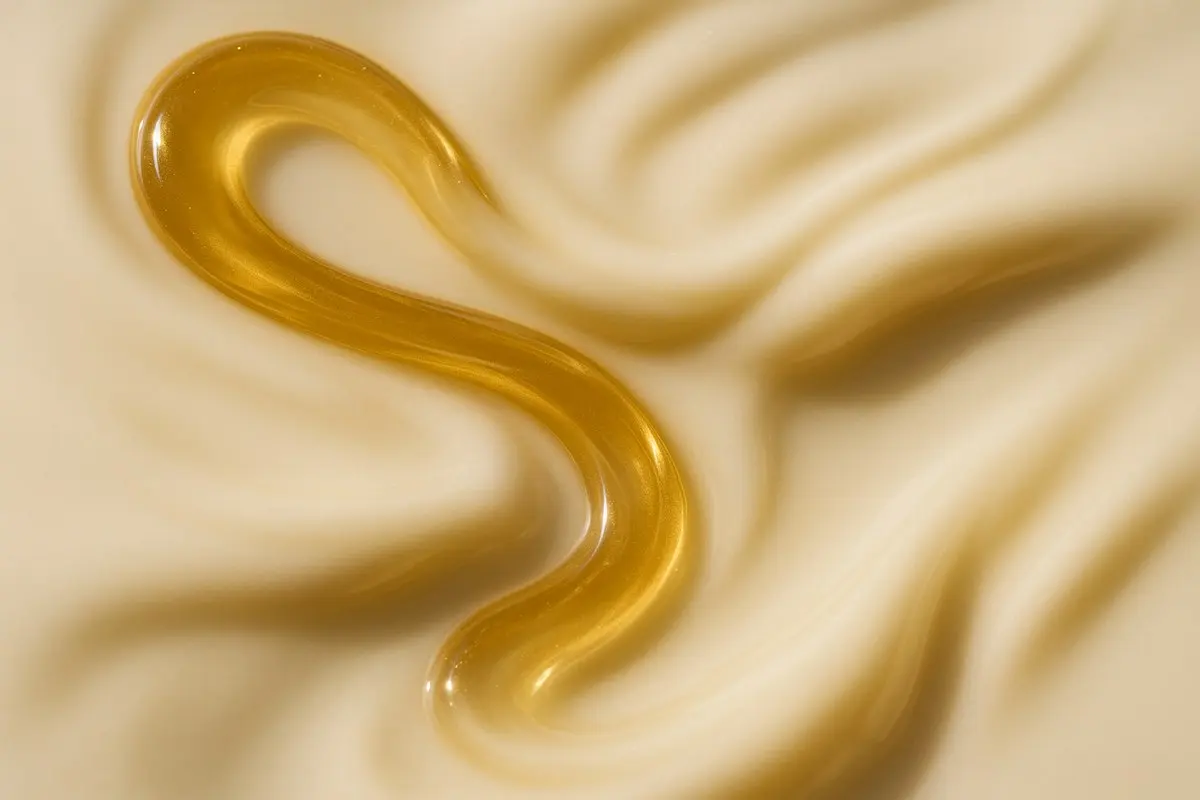 Ribbon of warm champagne gold serum swirling through pale cream, an abstract image of a calm treatment experience