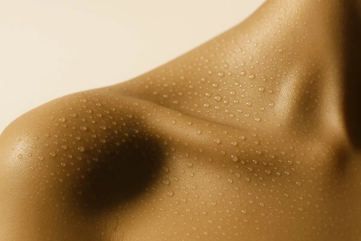 Macro of a collarbone and shoulder skin fragment covered in a fine mist of cool water droplets in warm champagne light