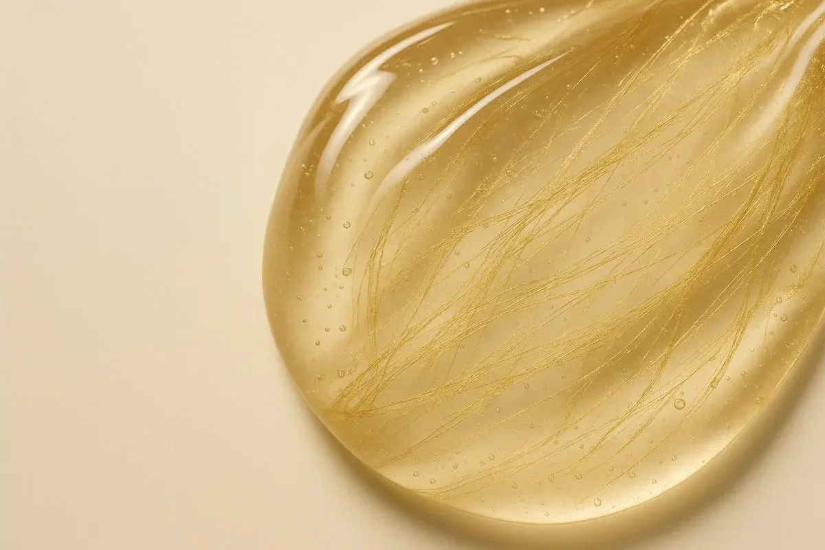 Translucent gold gel with fine fibrous strands suspended inside it, representing fibrous tethering in the tissue at the bra line