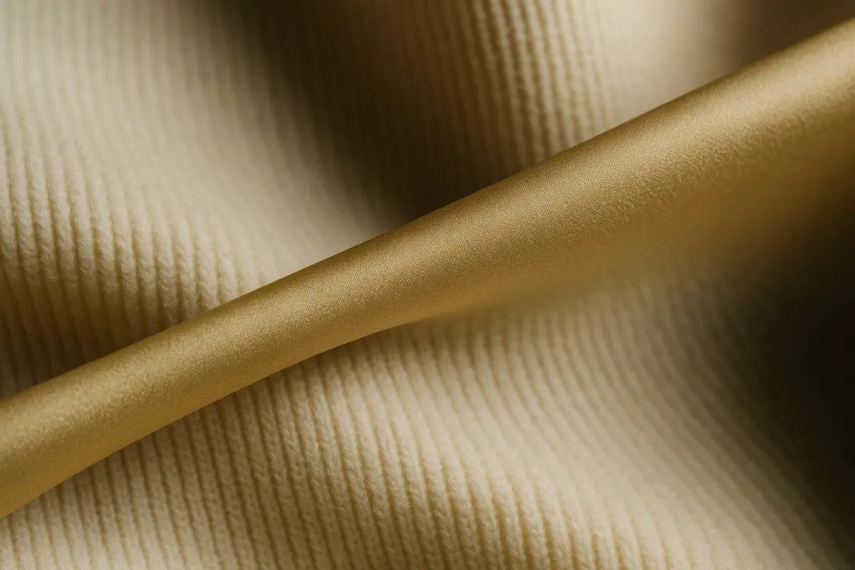 Pale cream ribbed knit fabric with a soft gold band creating a shallow fold, representing compression at the bra line