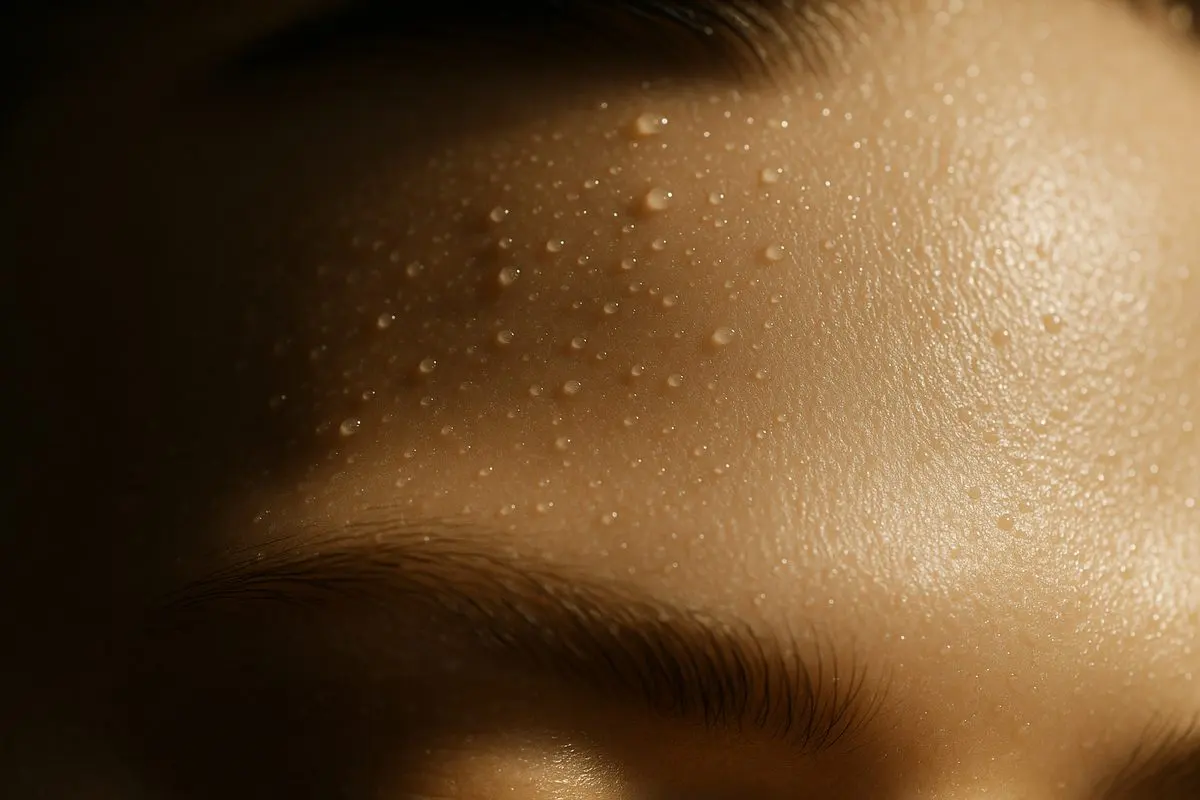 Macro of smooth hydrated forehead and brow skin with fine light catching droplets in warm champagne light