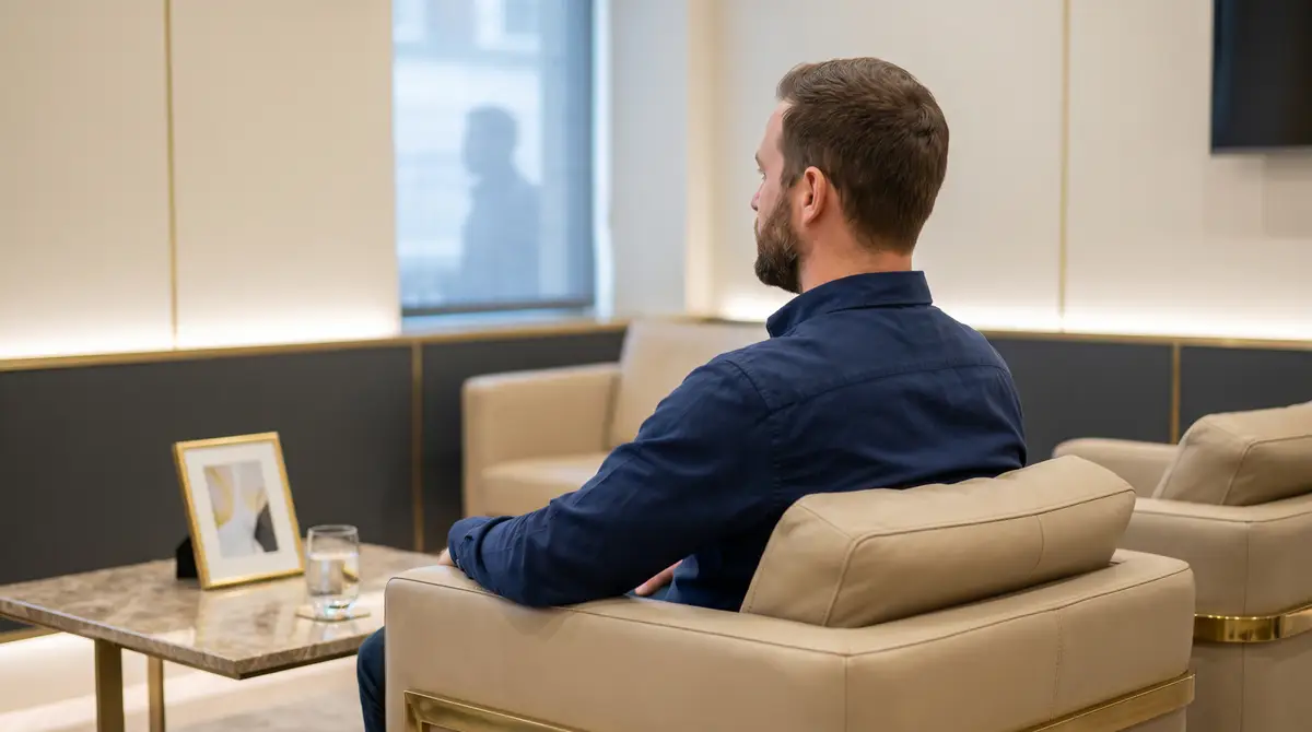 Confident man in his 30s sitting in luxury aesthetic clinic waiting area Glasgow