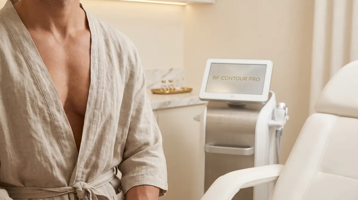 Male patient in luxury clinic robe next to radiofrequency body contouring device for gynaecomastia treatment