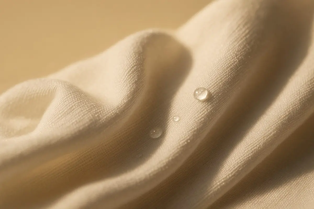 Macro of crisp white cotton shirt fabric in soft folds with a faint sheen of moisture and tiny water droplets on the weave