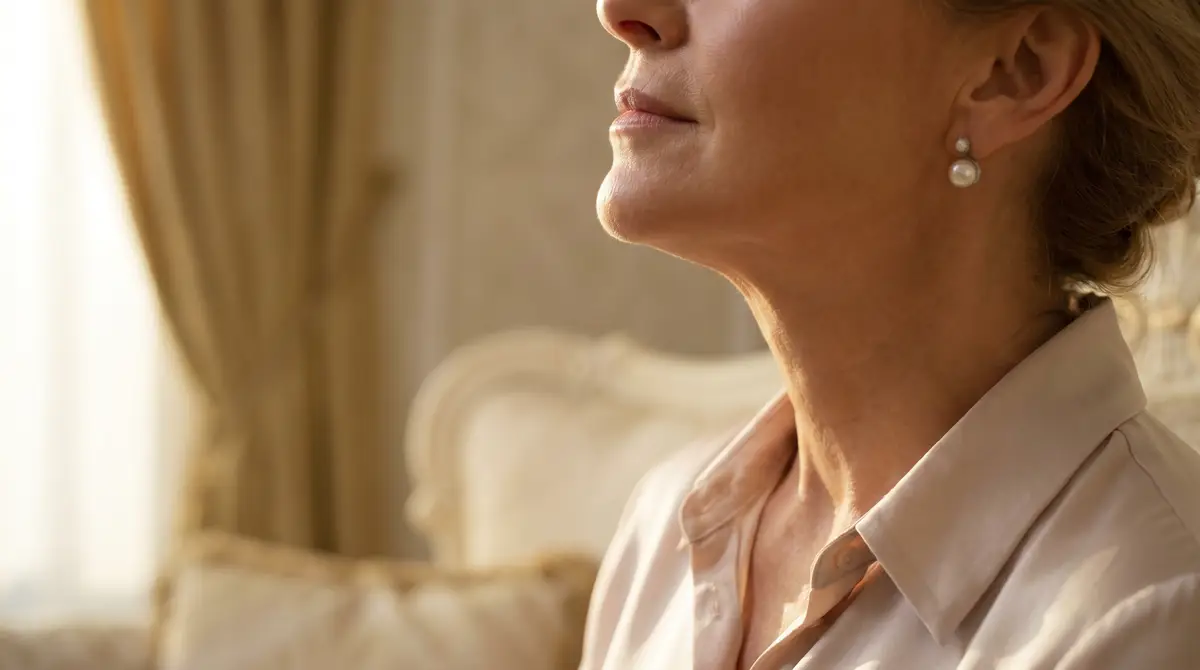 Elegant woman showing defined jawline after non-surgical jowl lifting treatment