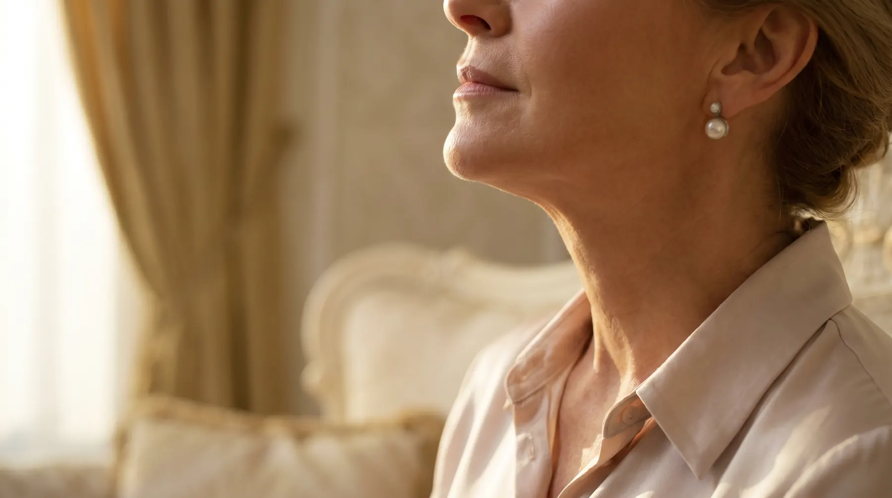 Elegant woman showing defined jawline after non-surgical jowl lifting treatment