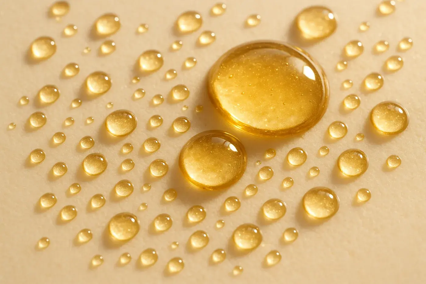 Golden serum droplets on cream background representing lip hydration after filler treatment