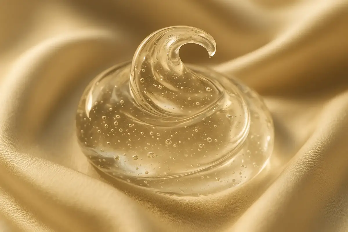 Lip fillers Glasgow: macro of clear hyaluronic acid gel on champagne silk