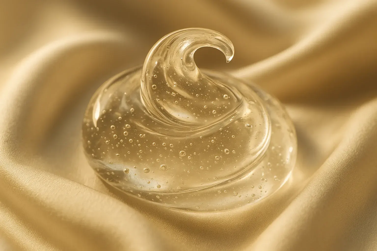 Lip fillers Glasgow: macro of clear hyaluronic acid gel on champagne silk