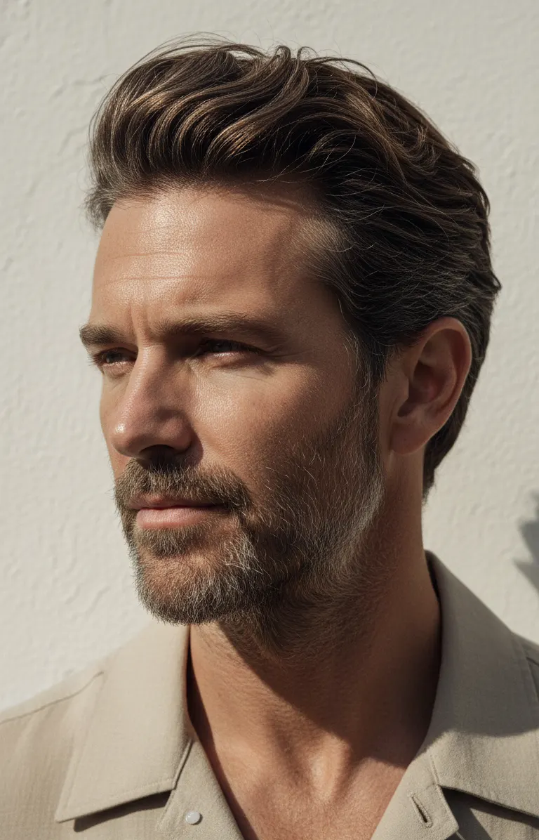 Side profile portrait of a man with a neatly groomed beard