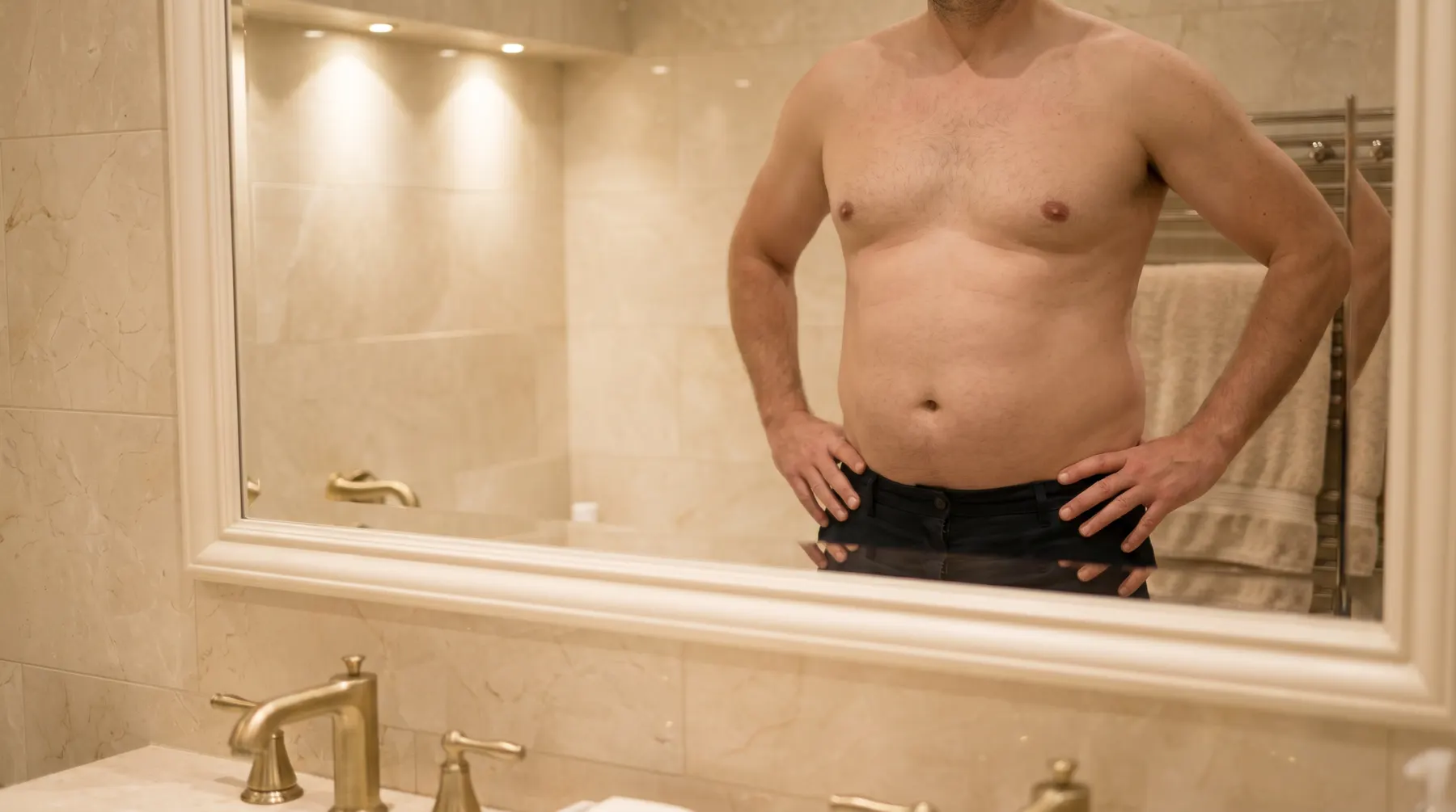 Man assessing chest area in bathroom mirror considering gynaecomastia treatment