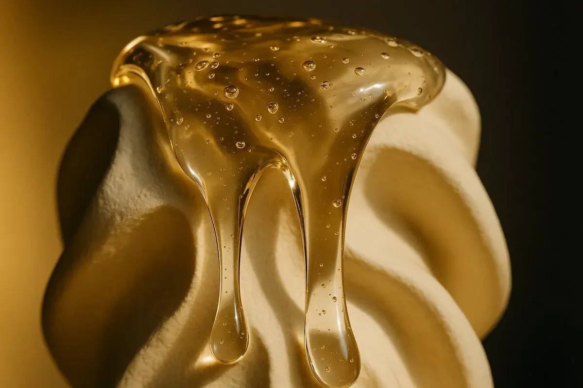 Translucent gel pooling and running down a cream sculpted form, illustrating how excess filler adds weight to the lower face