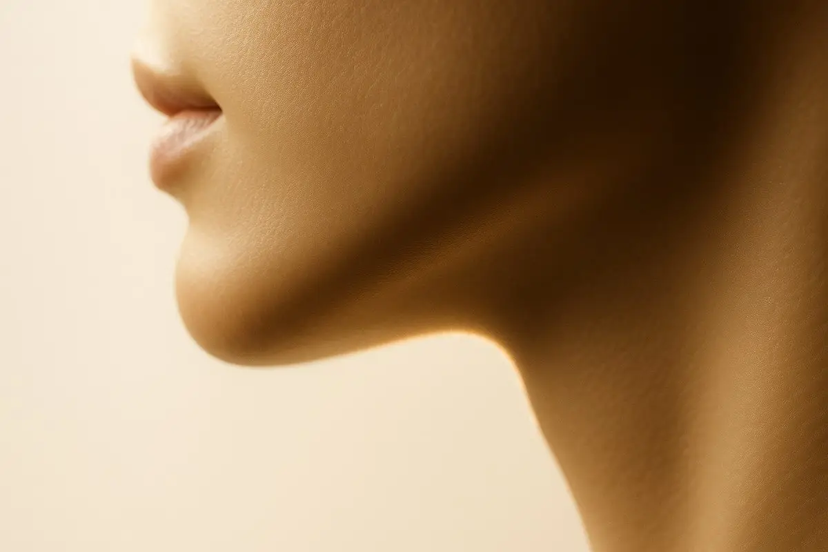 Macro of the lower face and jawline in warm gold light showing the area where marionette lines form, no identifiable face