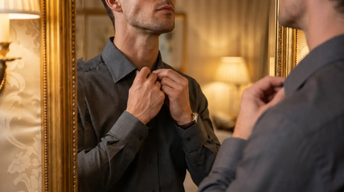 Well-groomed man adjusting shirt collar showing defined jawline in gold-framed mirror