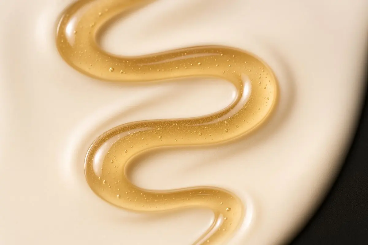 Warm champagne gold serum ribbon swirling through pale cream, representing calm post treatment skincare