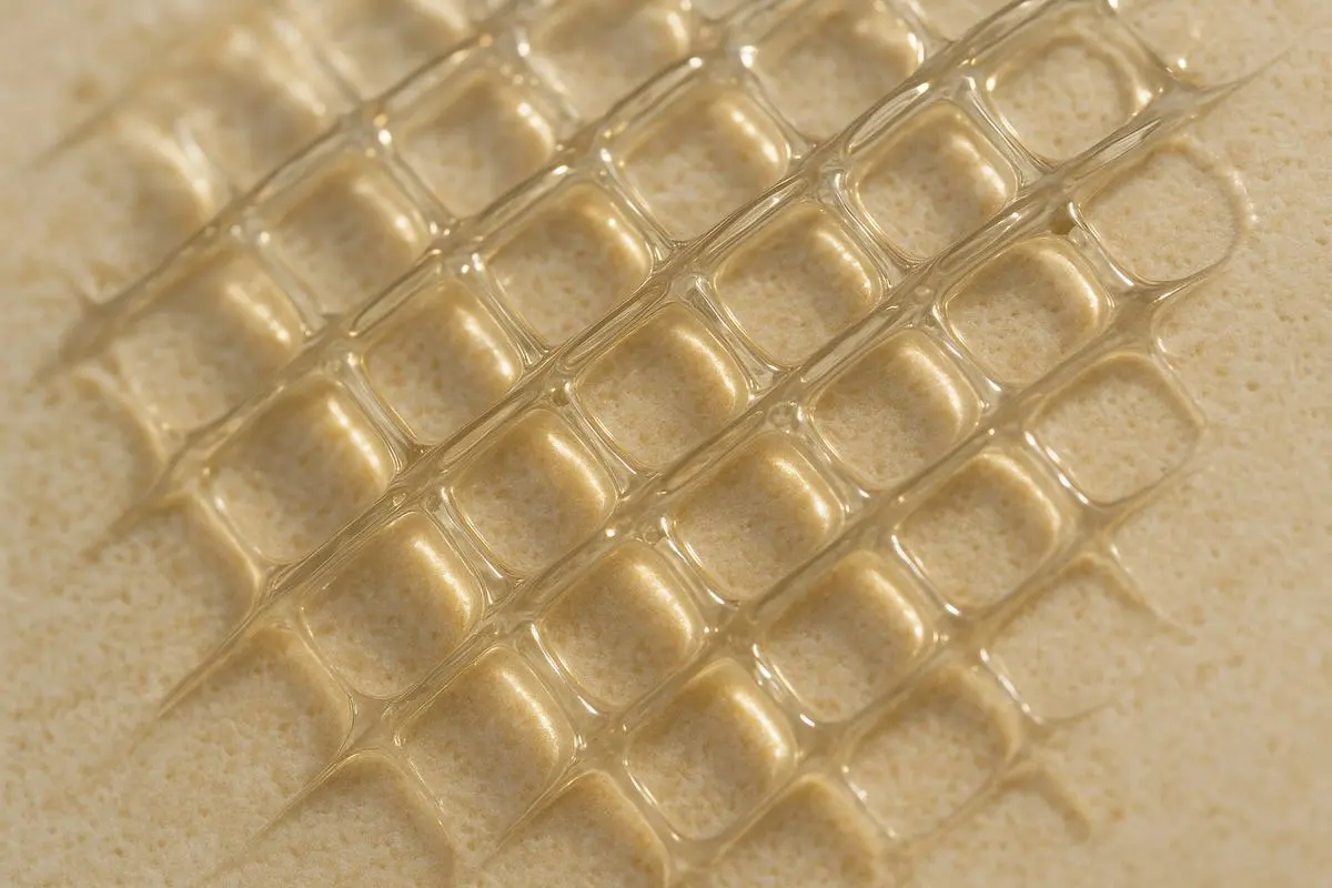 Abstract macro of a fine gel grid over cream stone suggesting the controlled microchannels created during microneedling