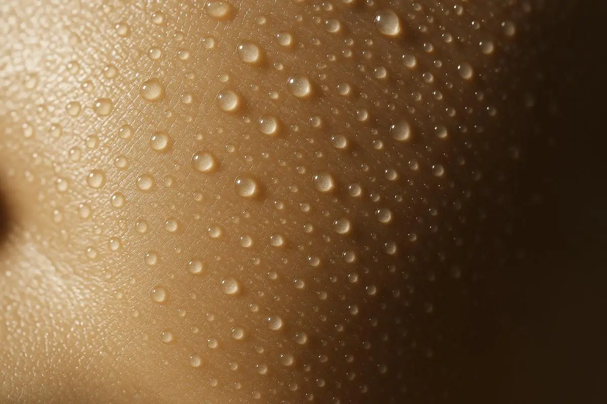 Extreme macro of smooth hydrated cheek skin with fine natural texture and light catching water droplets in warm champagne light