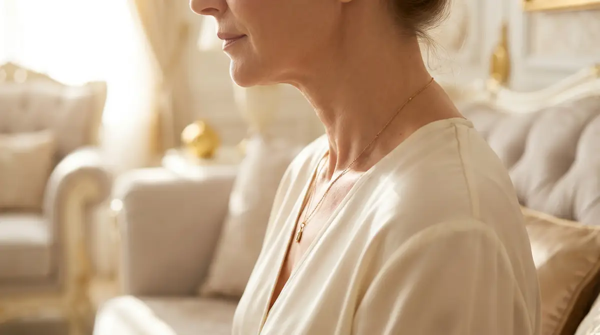 Mature woman showing smooth neck and decolletage after non-surgical neck lift treatment