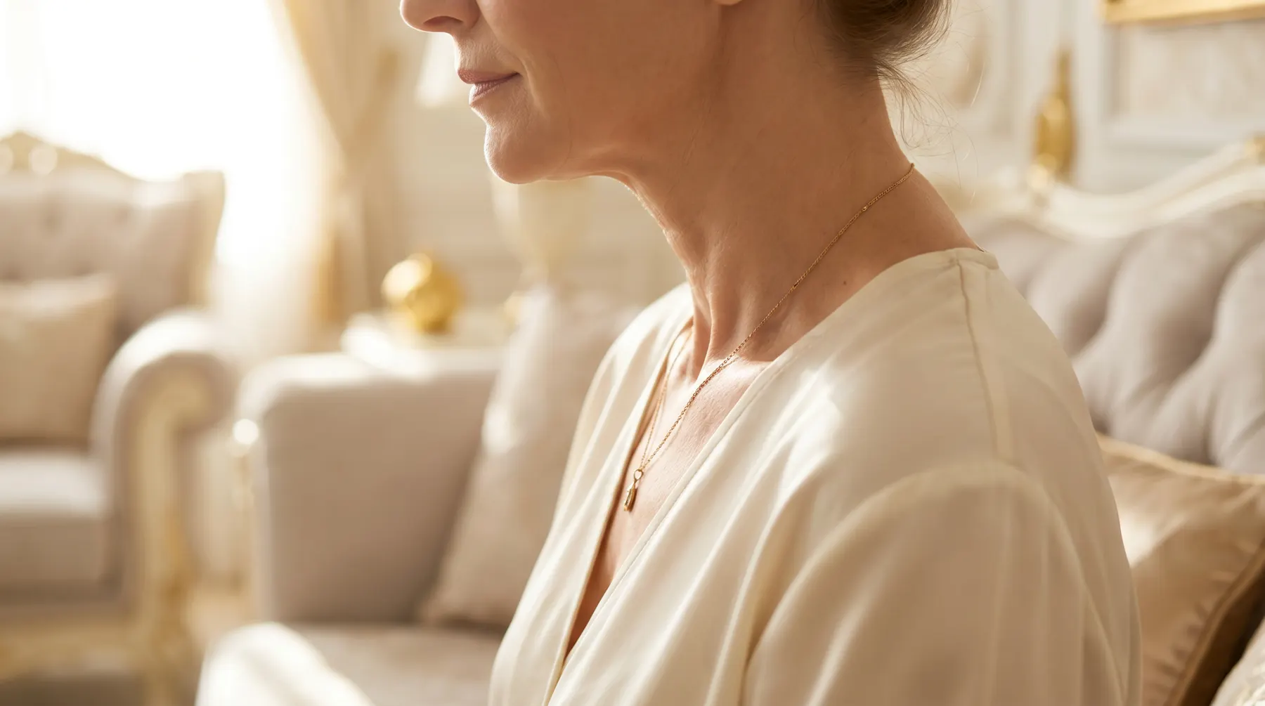Mature woman showing smooth neck and decolletage after non-surgical neck lift treatment