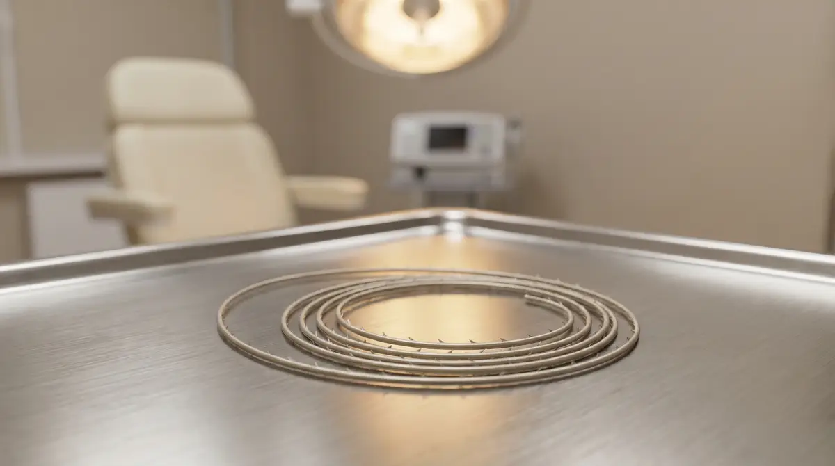 Medical spring thread suture on sterile tray in luxury aesthetic clinic for Q Lift procedure