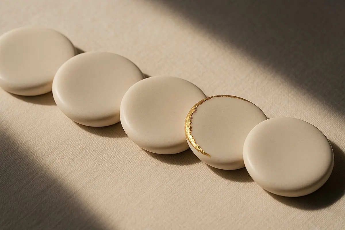 Row of cream ceramic discs with a gold leaf edge on ivory linen, symbolising a consistent aesthetic treatment routine