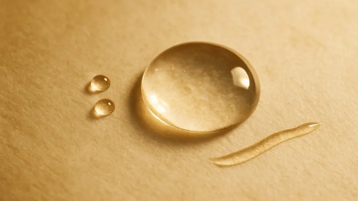 A clear hyaluronic acid gel droplet on a pale cream surface under warm gold light, with a drawn out ribbon of gel beside it