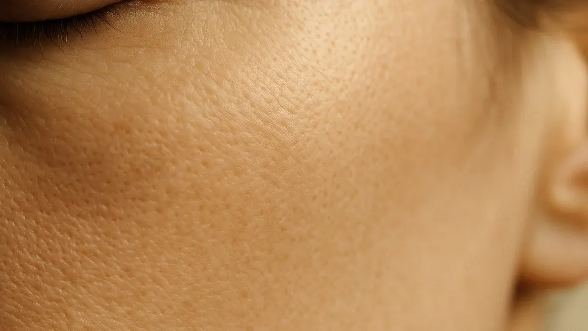 Close macro of the under eye and cheekbone showing the shallow hollow of a tear trough in side light