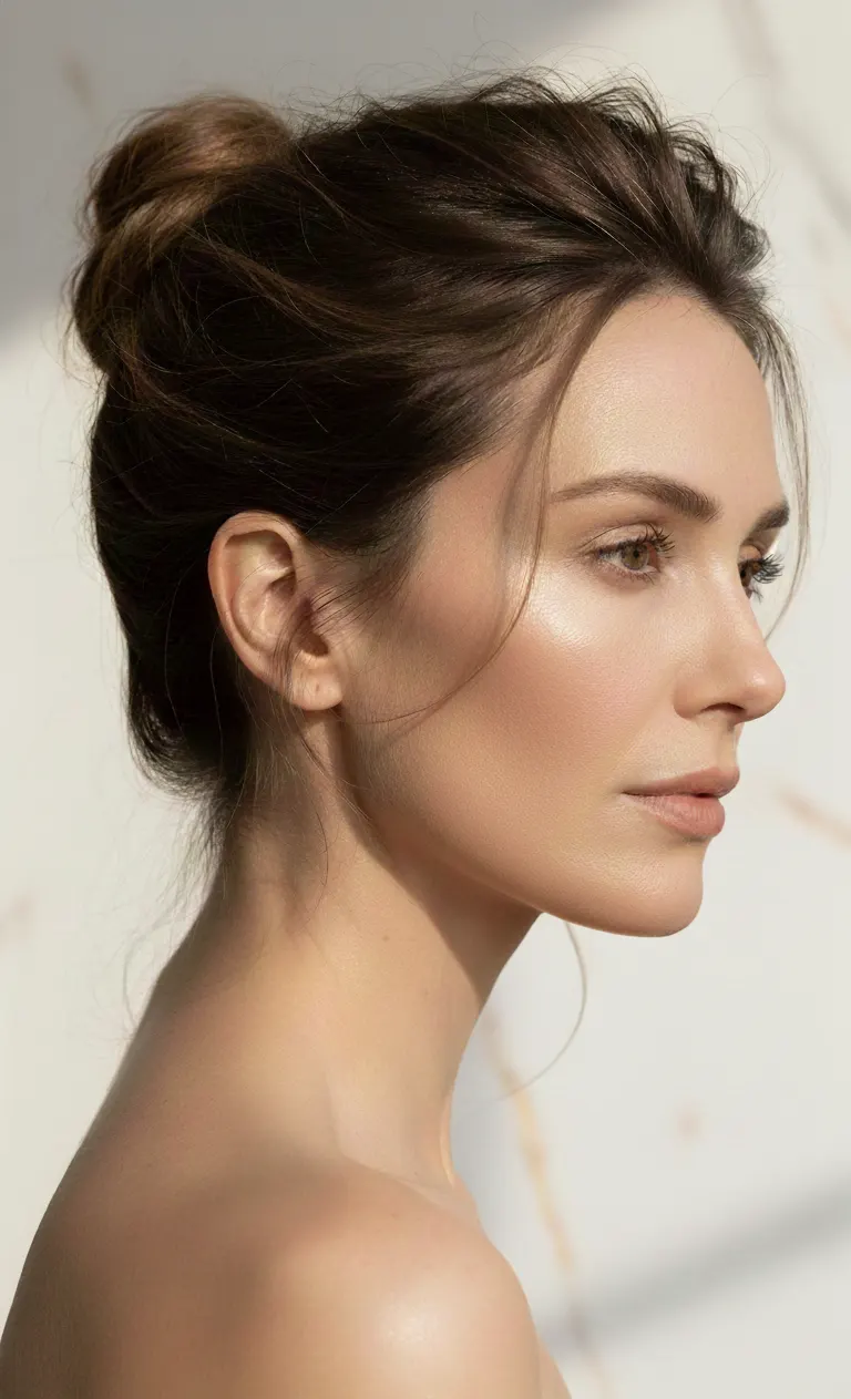 Side profile of a woman with a loose updo and radiant skin